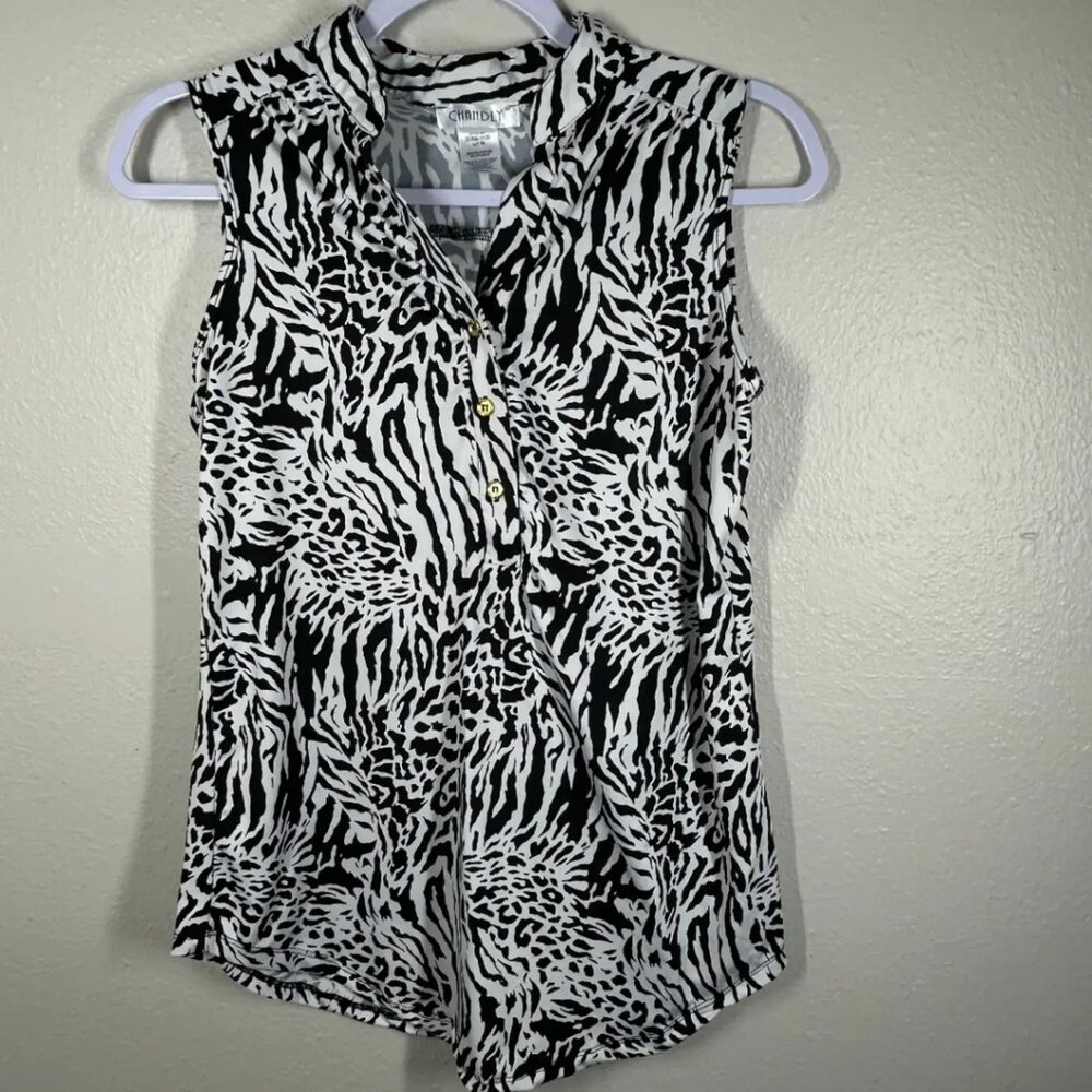 Chandly Women's Zebra Print Sleeveless Button Up Top Size M Black White